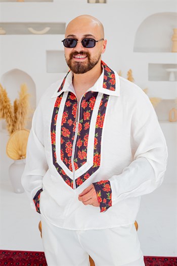 Yarım Fermuarlı Çiçek Desen Garnili Oversize Gömlek (GMB141)