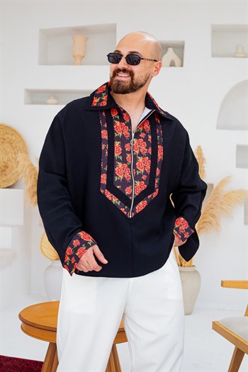 Yarım Fermuarlı Çiçek Desen Garnili Oversize Gömlek (GMS141)