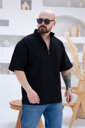 Yarım Fermuarlı Sırt Nakışlı Oversize Tişört (TSS53)