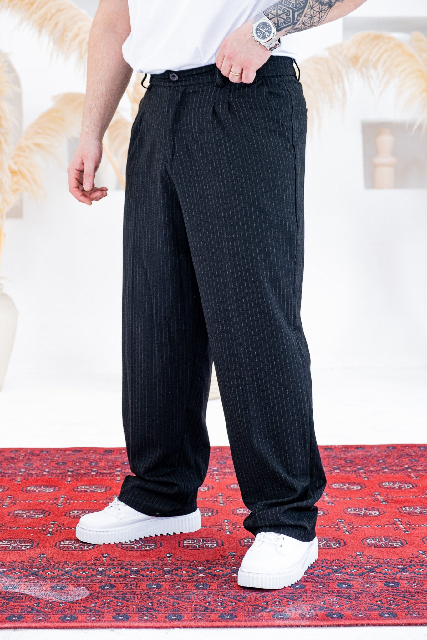 Baggy Kalıp Çizgili Pile Detaylı Kumaş Pantolon (JGS56)
