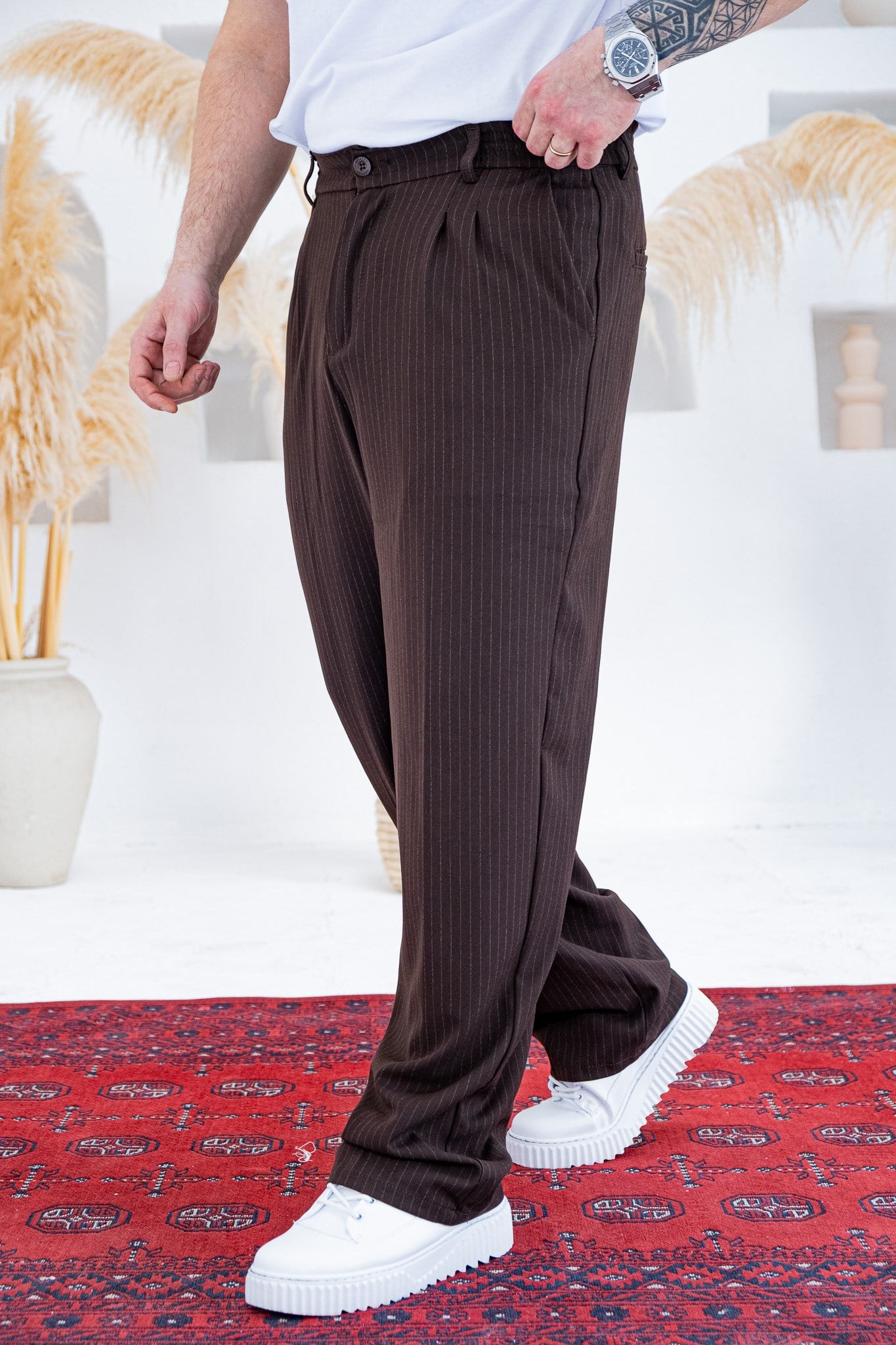Baggy Kalıp Çizgili Pile Detaylı Kumaş Pantolon (JGKA56)