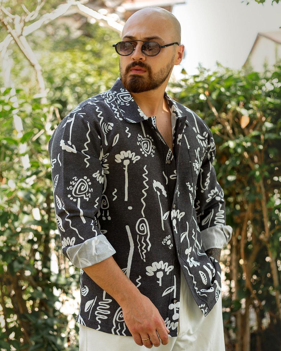 Baskılı Keten Rahat Kalıp Gömlek (GMS04)