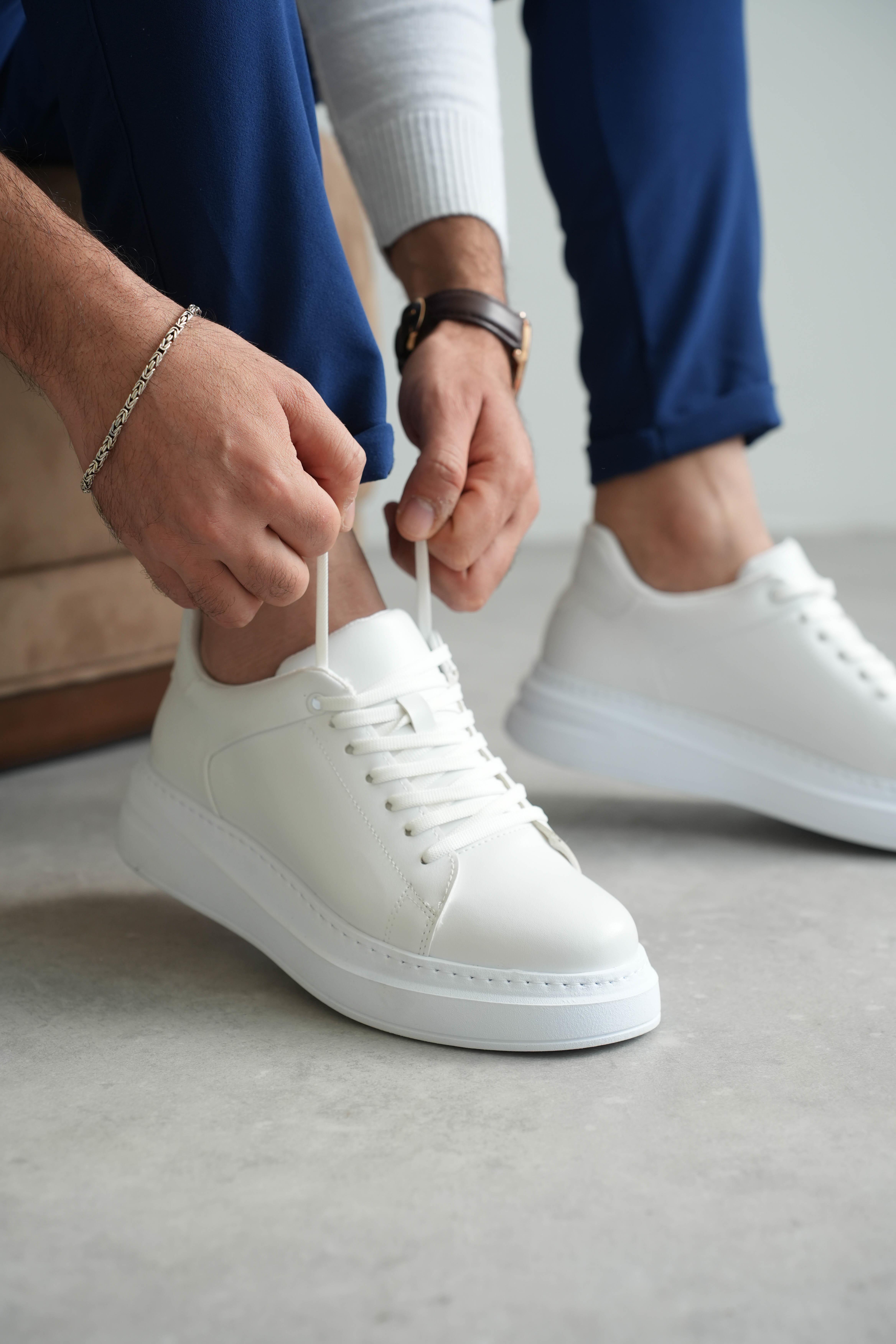 Beyaz Kalın Taban Deri Erkek Sneaker (AYKB05)