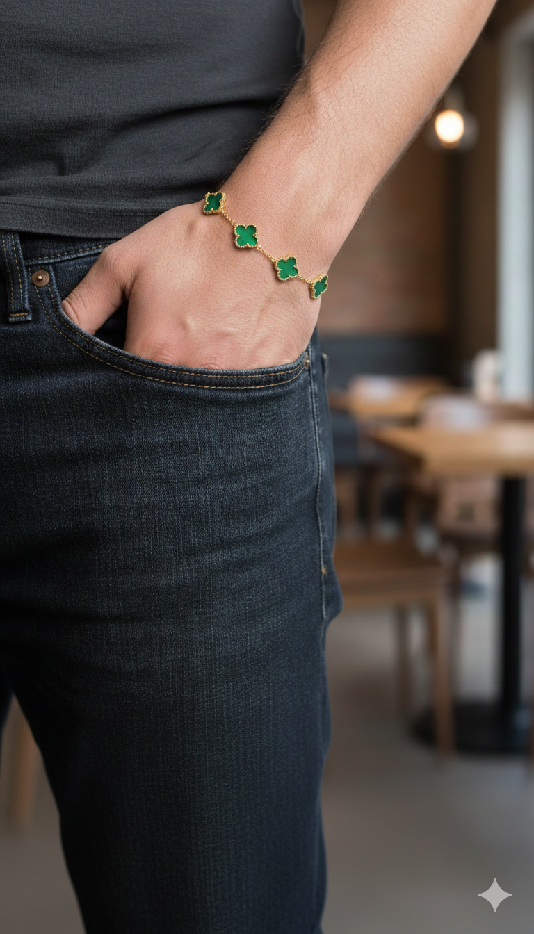 Çelik Gold-Yeşil Yonca Bileklik 