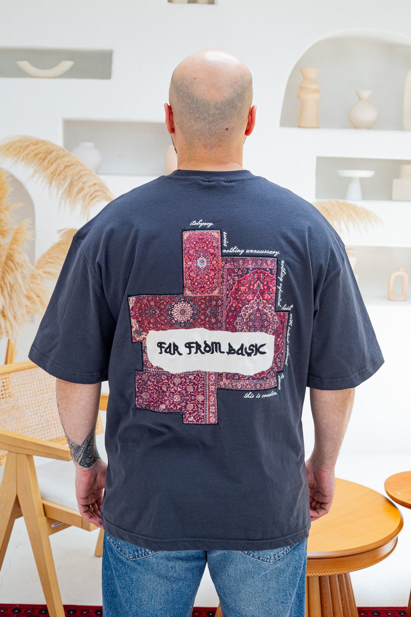 Far From Basic Halı Desen Yamalı Oversize Bisiklet Yaka T-Shirt (TSG85)