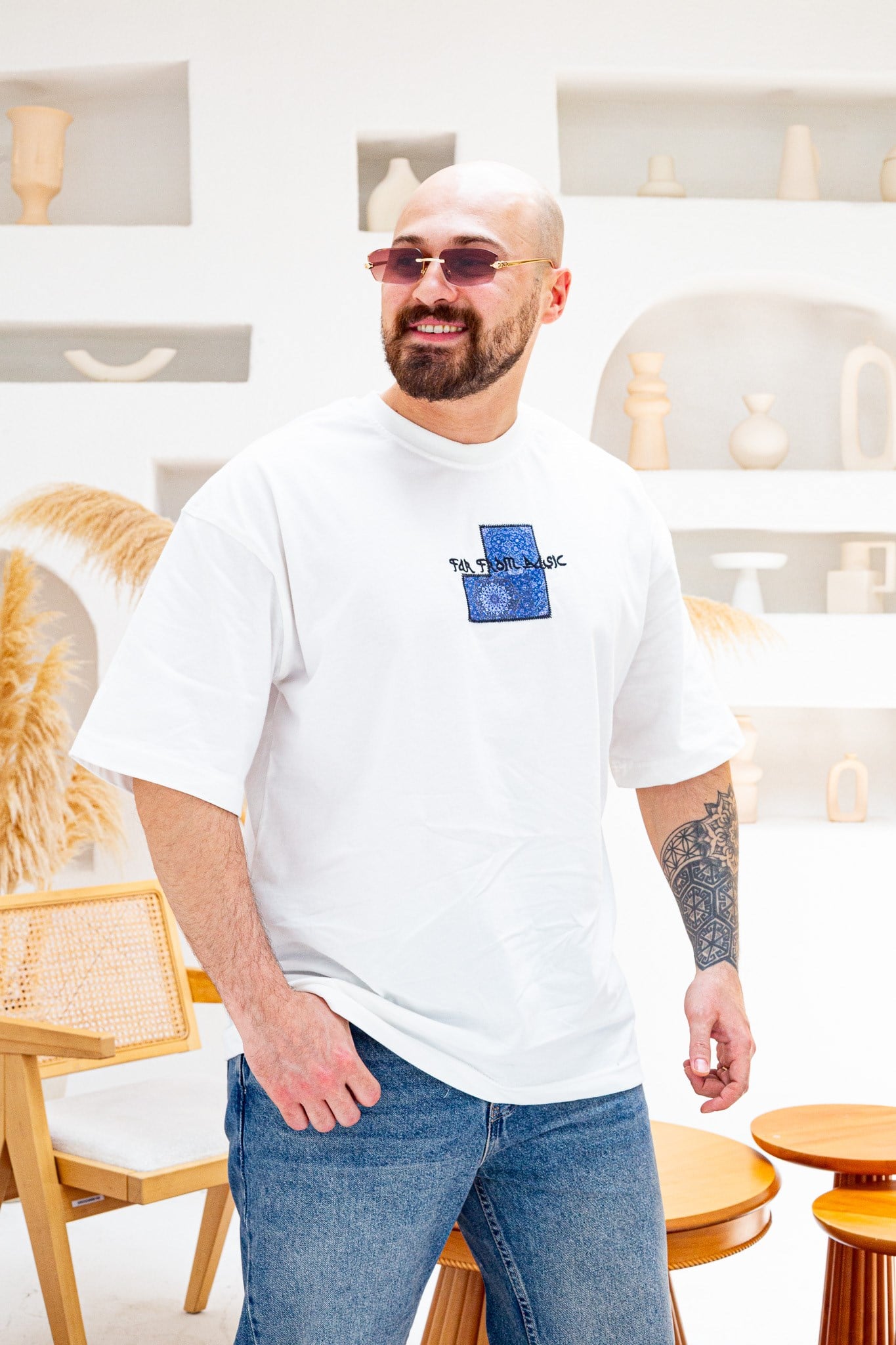 Far From Basic Halı Desen Yamalı Oversize Bisiklet Yaka T-Shirt (TSB85)