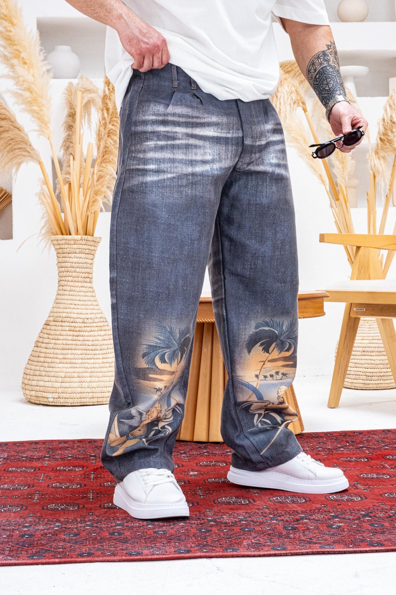 Gabardin Kumaş Desenli Baggy Kalıp Pantolon (JG52)
