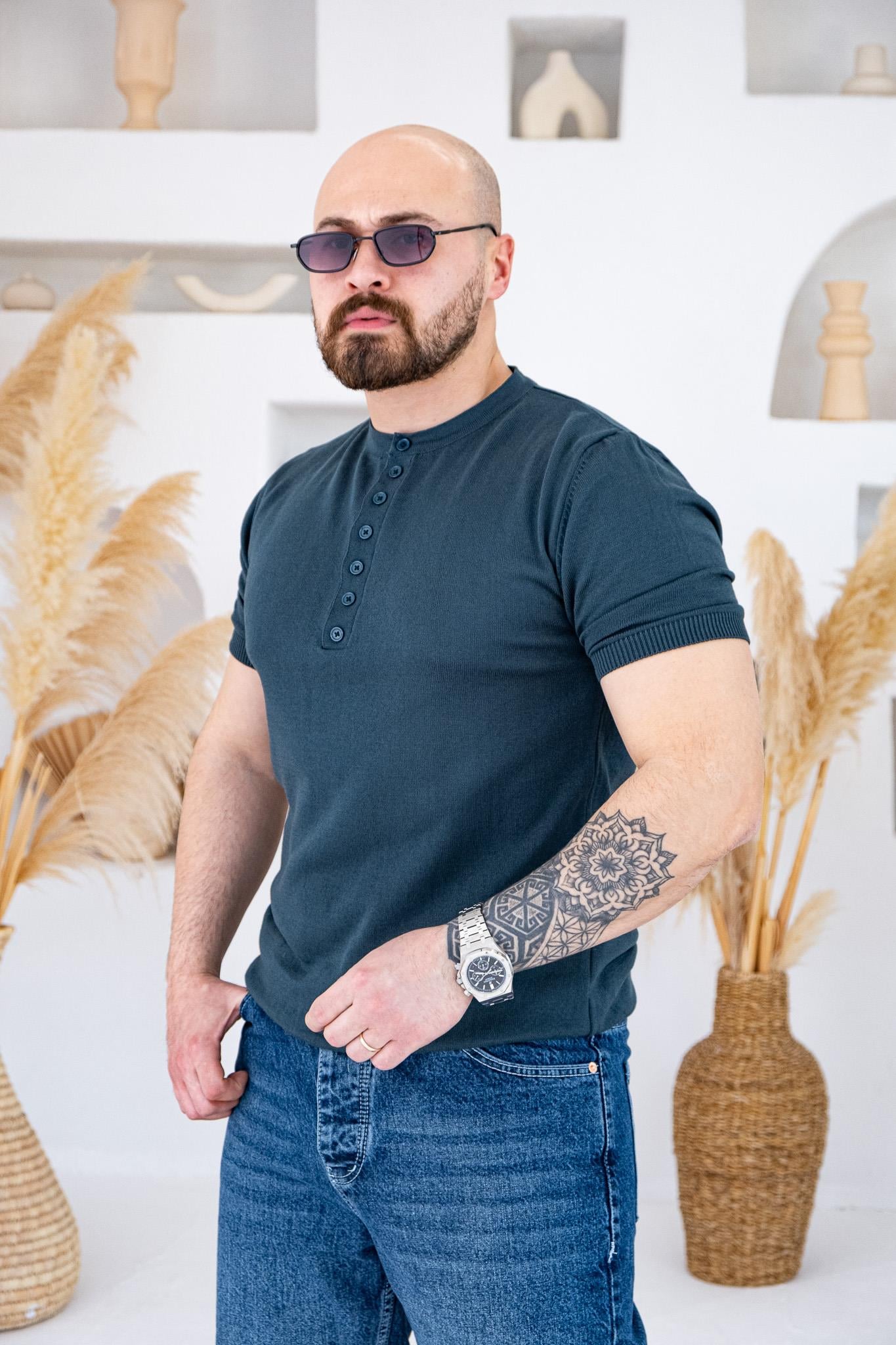 Henley Yaka İnce Örme Tasarım Triko T-shirt (TSY74)