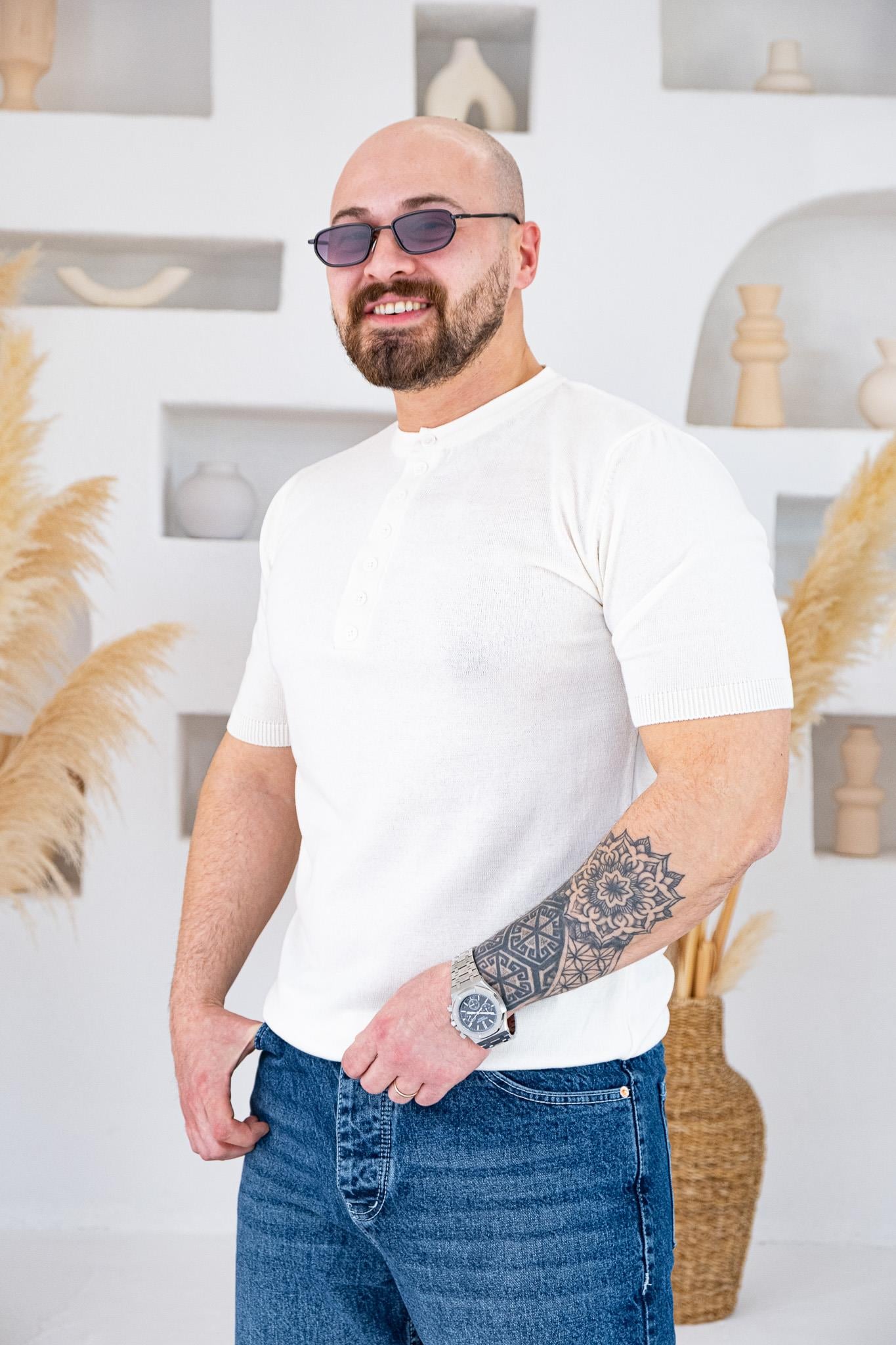 Henley Yaka İnce Örme Tasarım Triko T-shirt (TSB74)