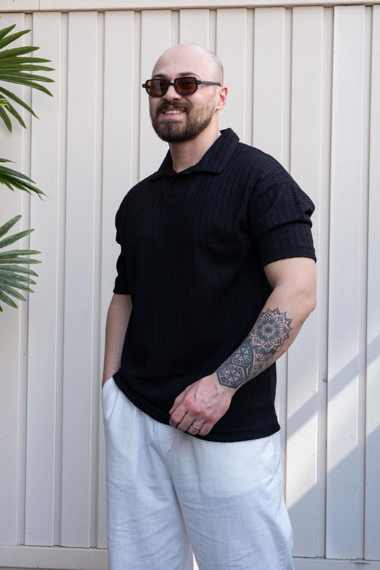 Kendinden Desenli Rahat Kalıp Polo Yaka T-Shirt (TSS32)