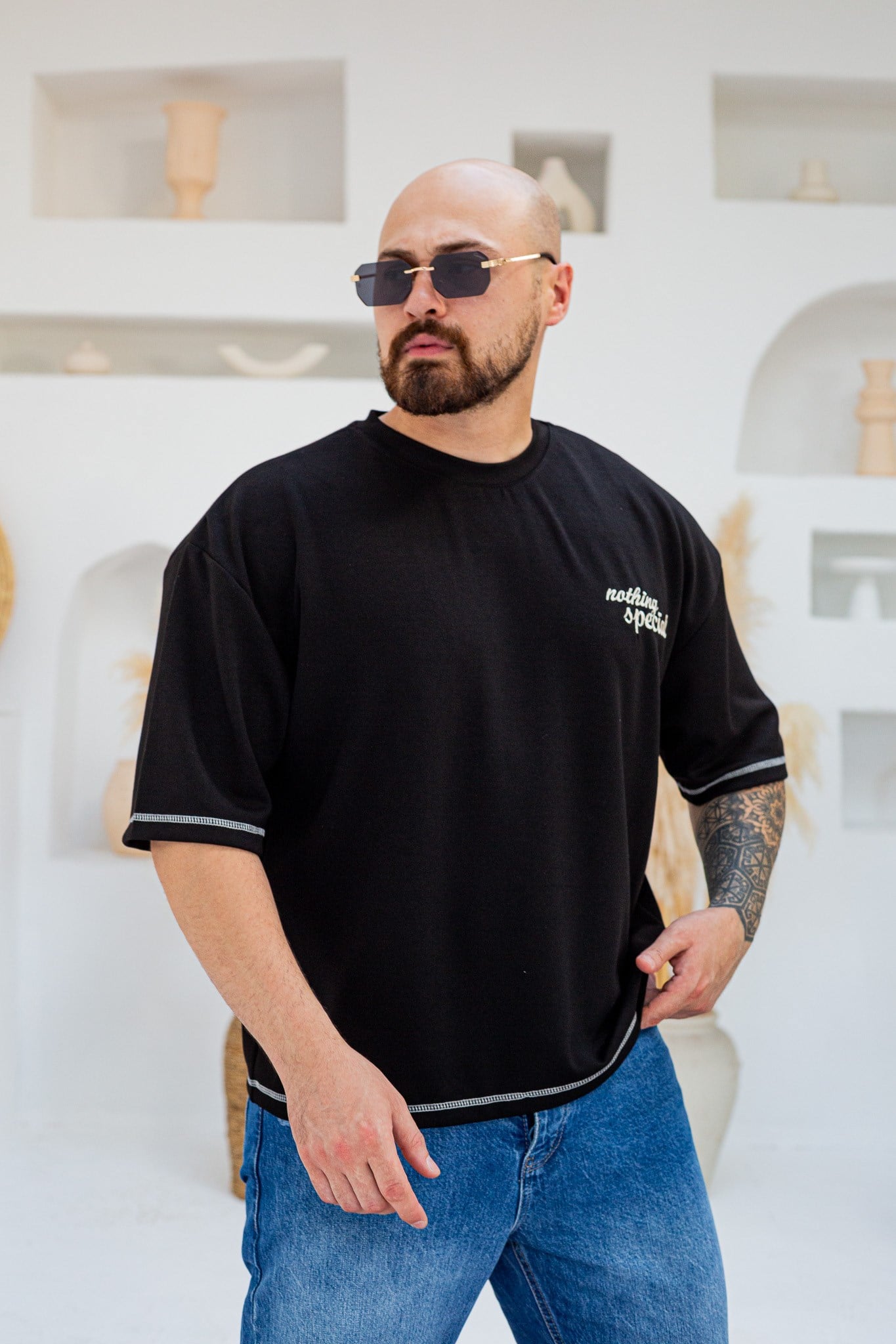 Kontrast Dikiş Detaylı Oysho Kumaş Nakışlı Oversize T-Shirt (TSS102)