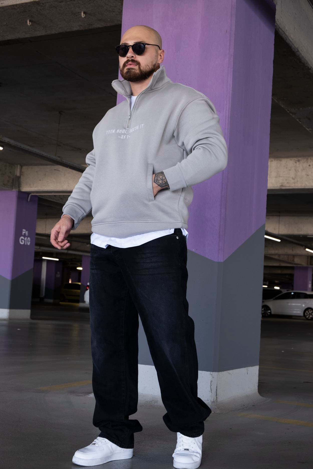 Nakış Detaylı Yarım Fermuarlı Rahat Kalıp Sweatshirt (SVTG11)