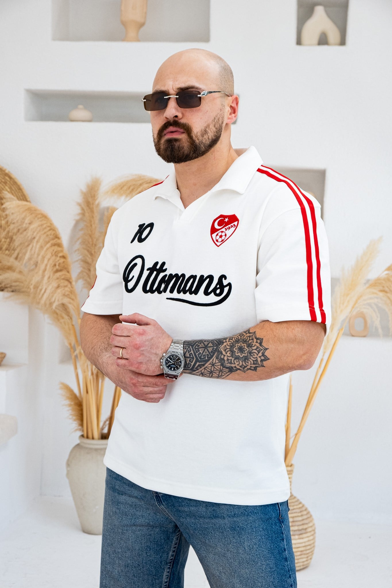 Ottomans Nakış Detaylı Retro Polo Yaka Oversize T-Shirt (TSB77)