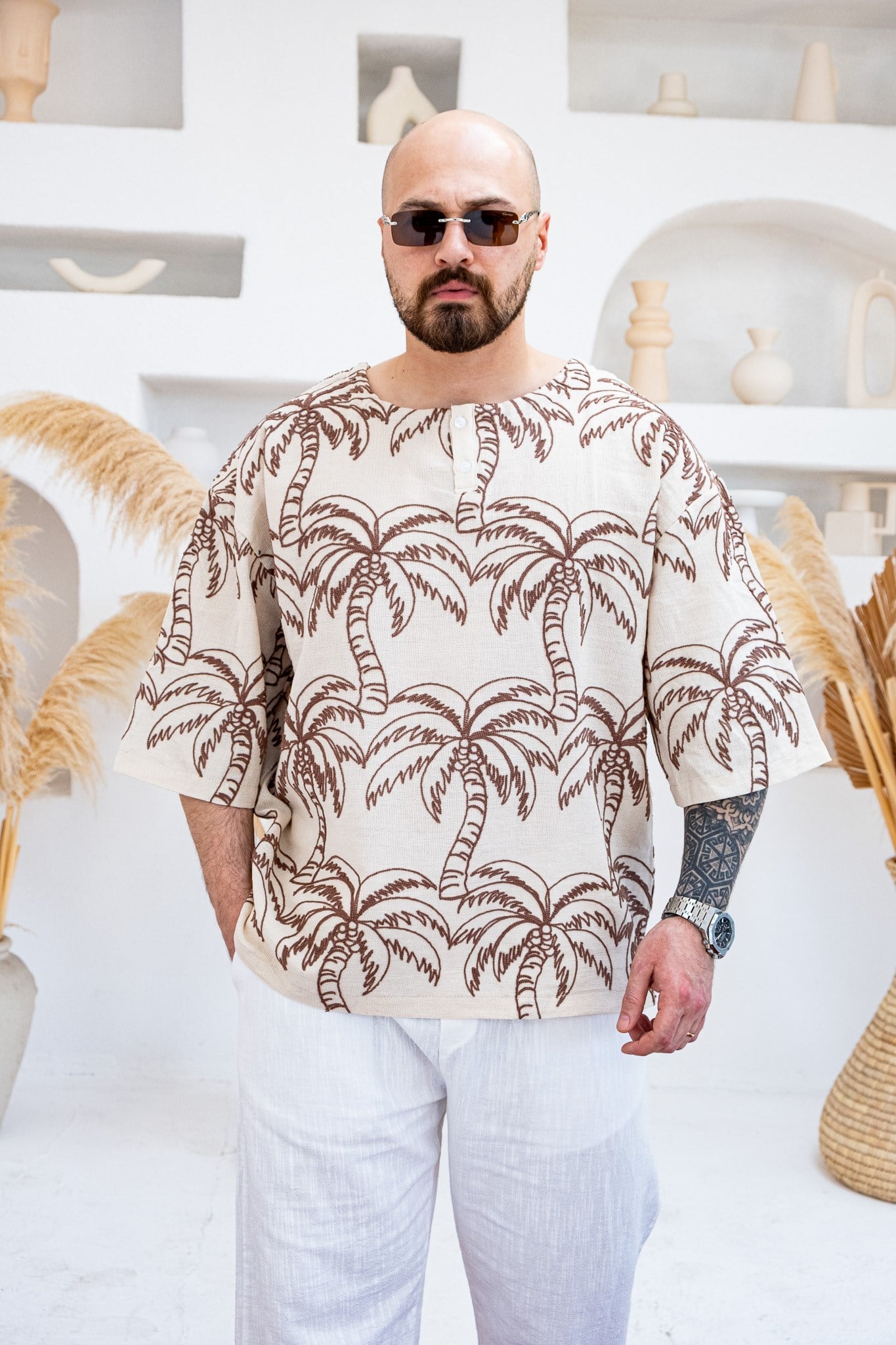 Palmiye Nakışlı Keten Kumaş Oversize Yarım Patlı T-Shirt (TSK82)
