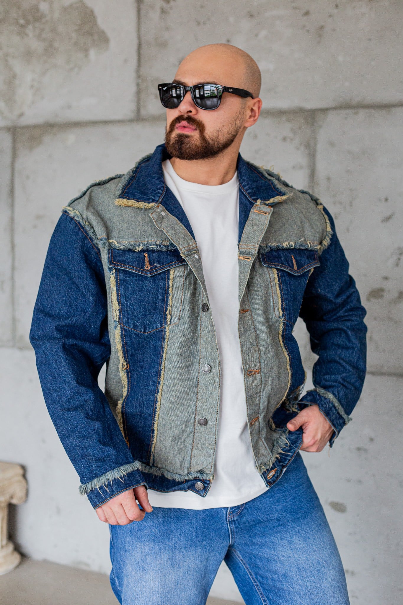 Püskül Detaylı Patchwork Oversize Erkek Kot Ceket (MEVG103)