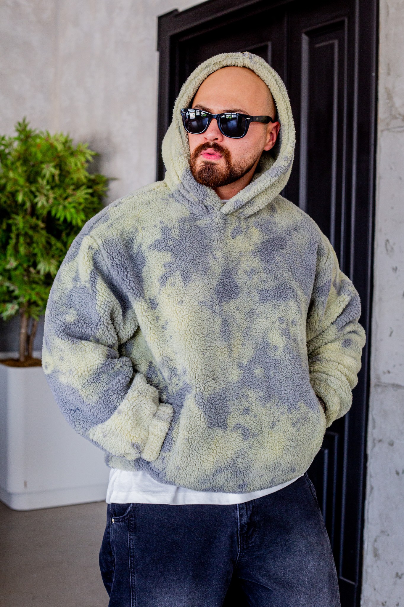 Soyut Desenli Peluş Kapüşonlu Erkek Sweatshirt (SVTY115)