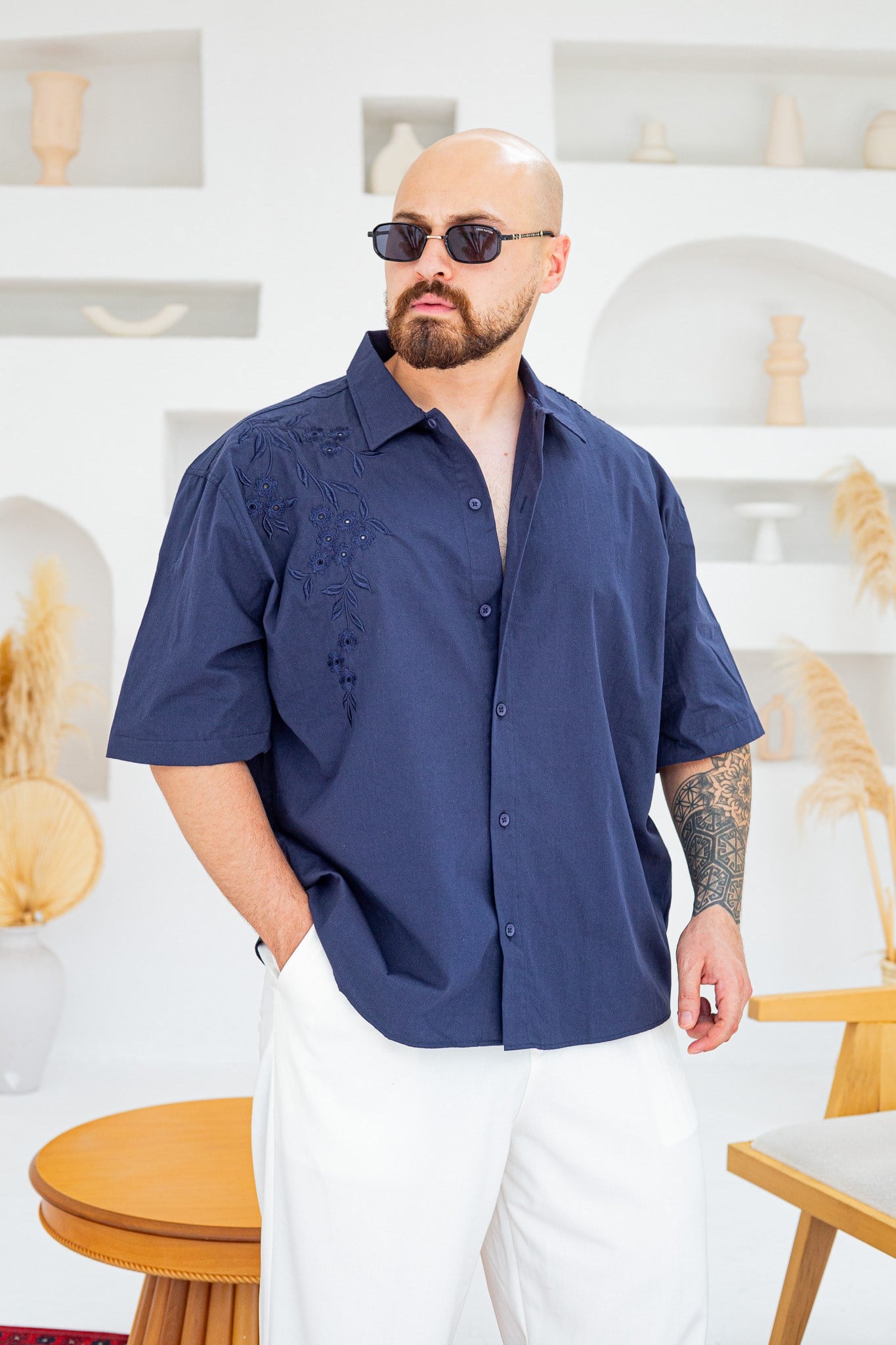 Tek Omuz Çiçek Nakış Detaylı Oversize Gömlek (GML142)