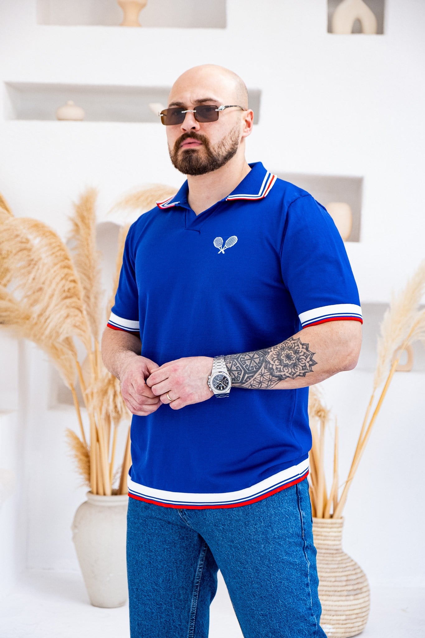 Tenis Raketi Nakışlı Retro Çizgili Polo Yaka T-Shirt (TSM83)