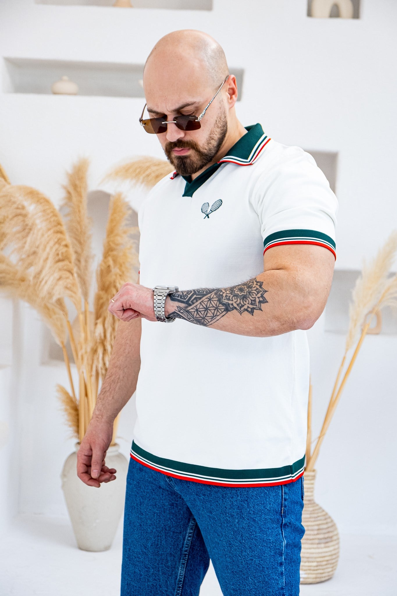 Tenis Raketi Nakışlı Retro Çizgili Polo Yaka T-Shirt (TSB83)