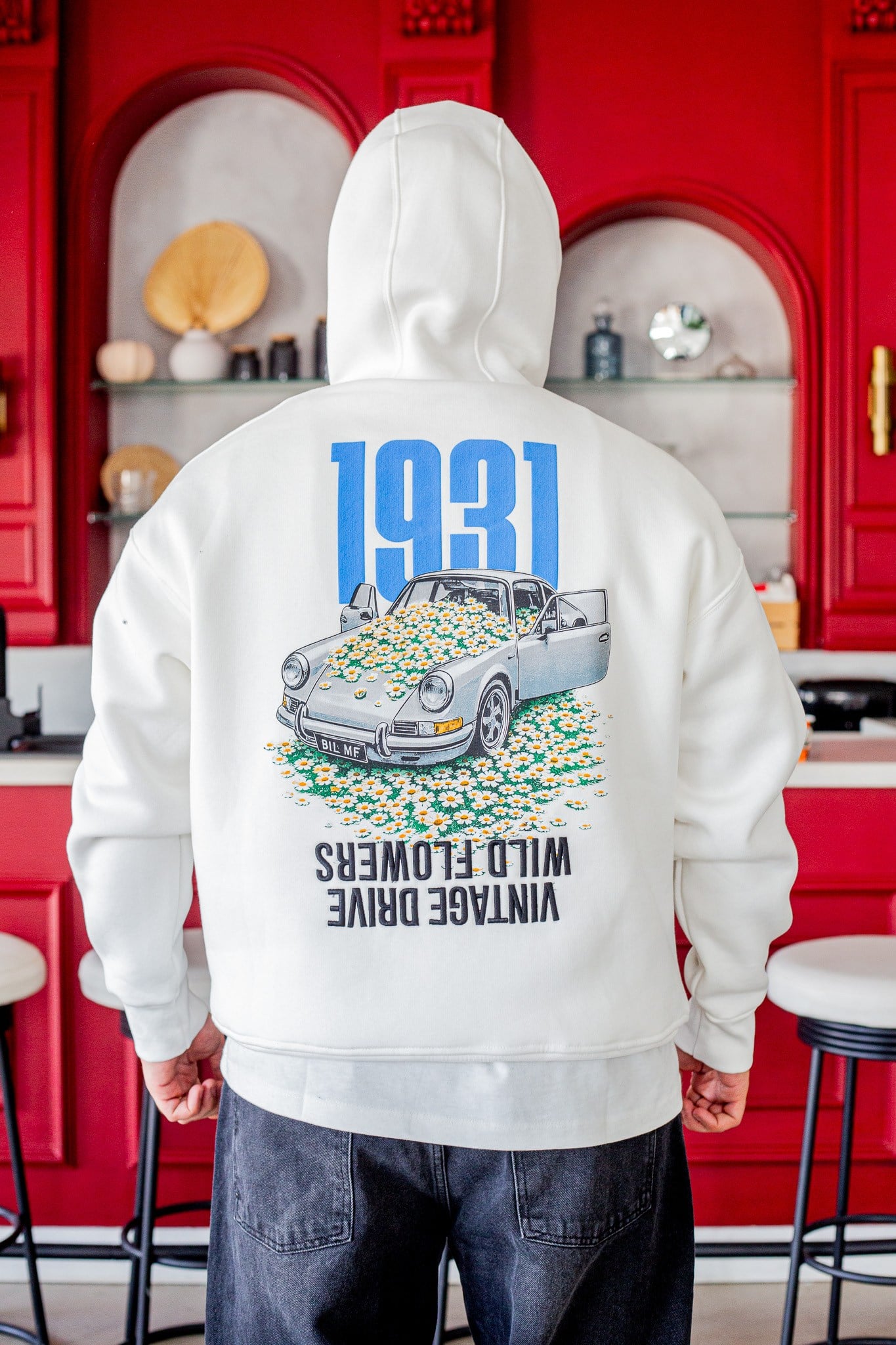Vintage Araba Baskılı Oversize Kapüşonlu Sweatshirt (SVTB113)