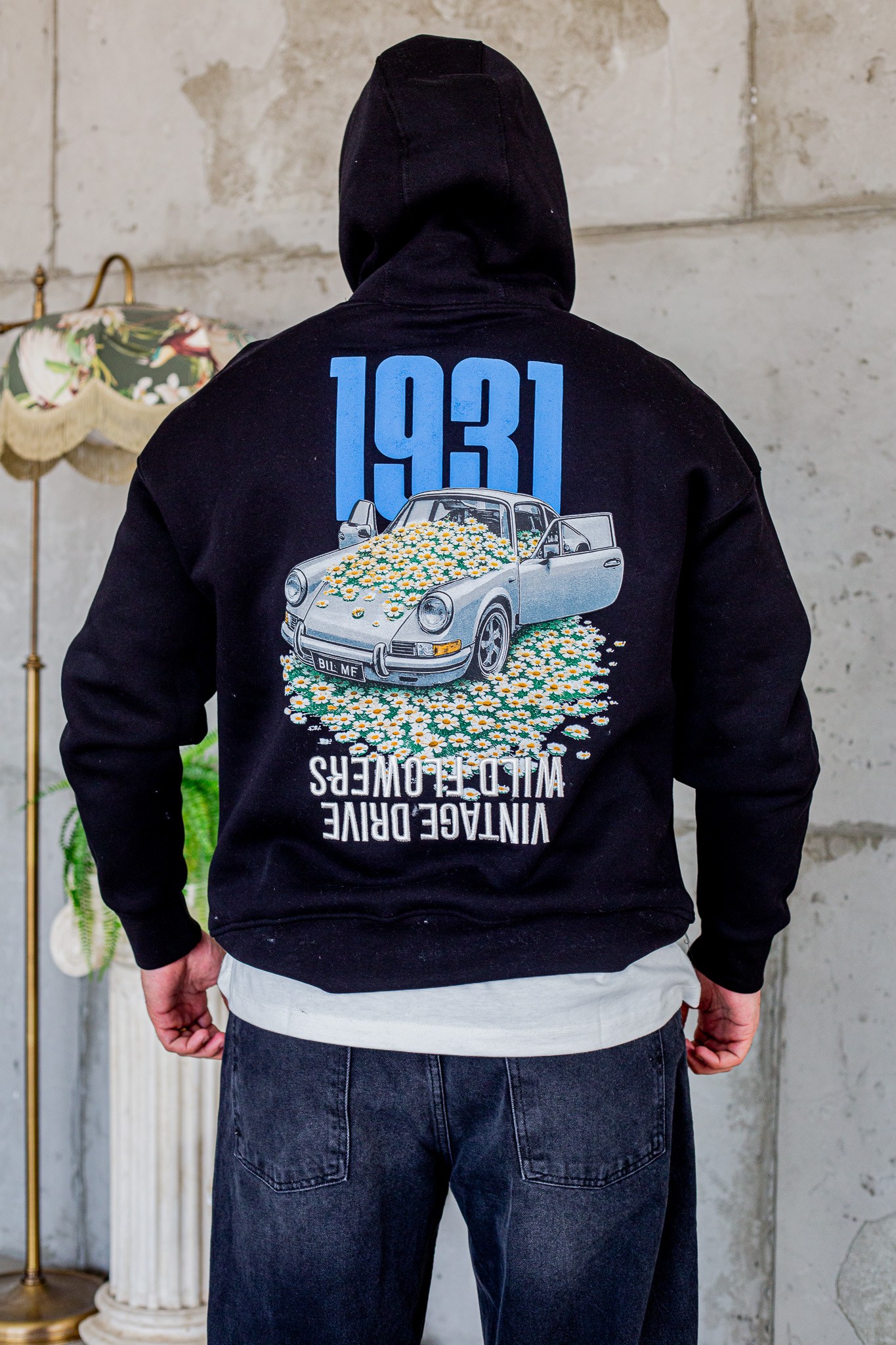 Vintage Araba Baskılı Oversize Kapüşonlu Sweatshirt (SVTS113)