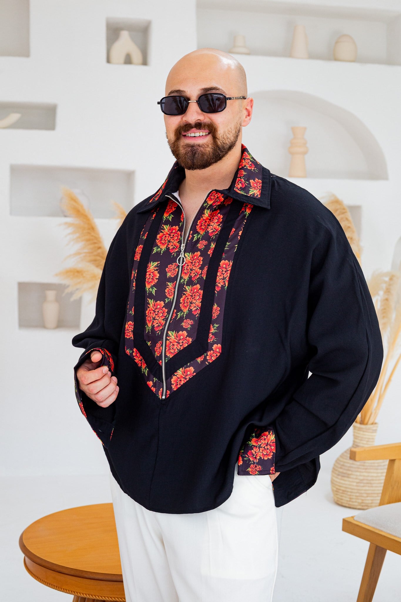 Yarım Fermuarlı Çiçek Desen Garnili Oversize Gömlek (GMS141)