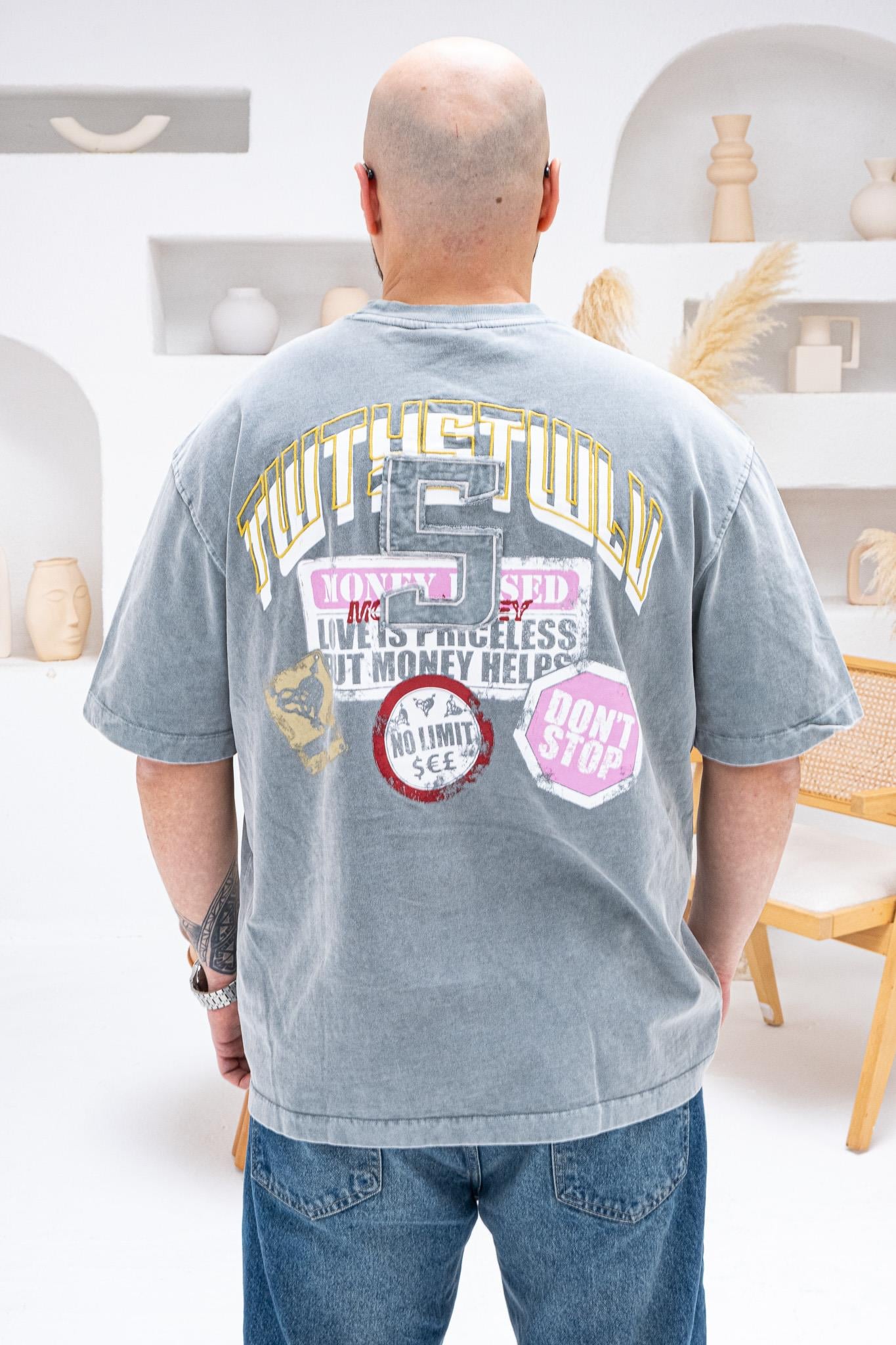 Yıkamalı Göğüs Sırt Baskılı Ve Nakışlı Oversize T-shirt(TSG65)