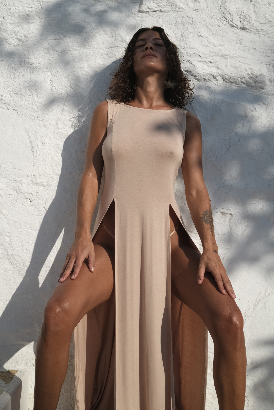 Nude Deep Split Soft Sleeveless Dress