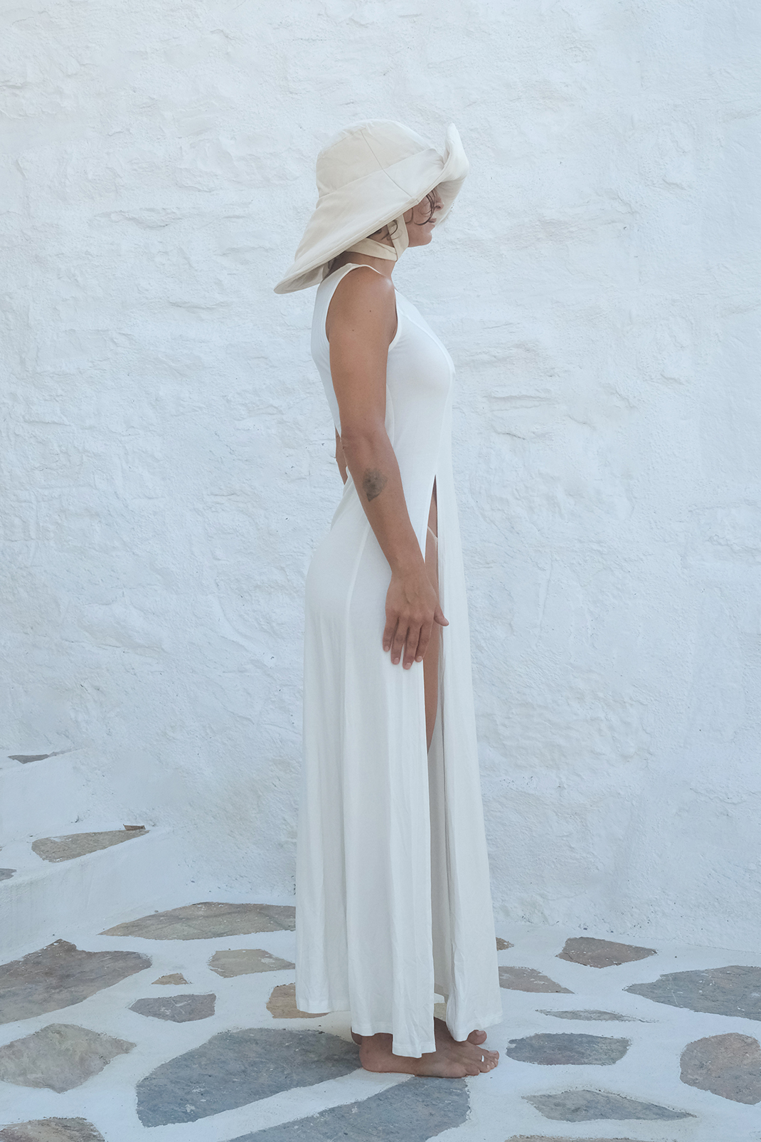 White Deep Split Soft Sleeveless Dress