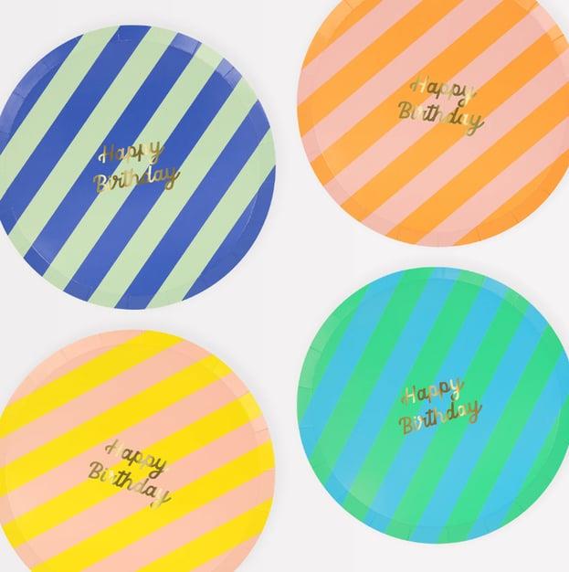 Meri Meri - Stripe Happy Birthday Side Plates - Çizgili Happy Birthday Tabaklar (M) (x8)