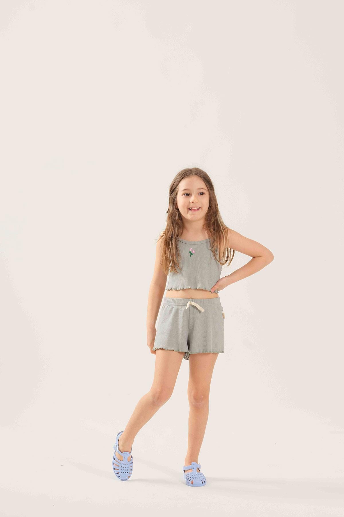 Miela Flora Nakışlı Crop Fitilli Takım - Mint
