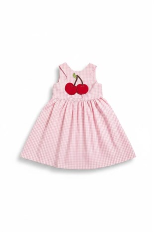 Miela Kids Kiraz Detaylı Pembe Ekose Elbise