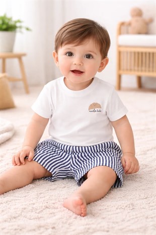 Miela Kids Kruvasan Tişört ve Çizgili Şort Bebek Takımı