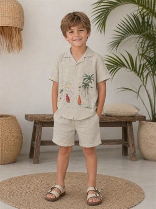 Miela Kids Palm Life Keten Gömlek ve Şort Takım