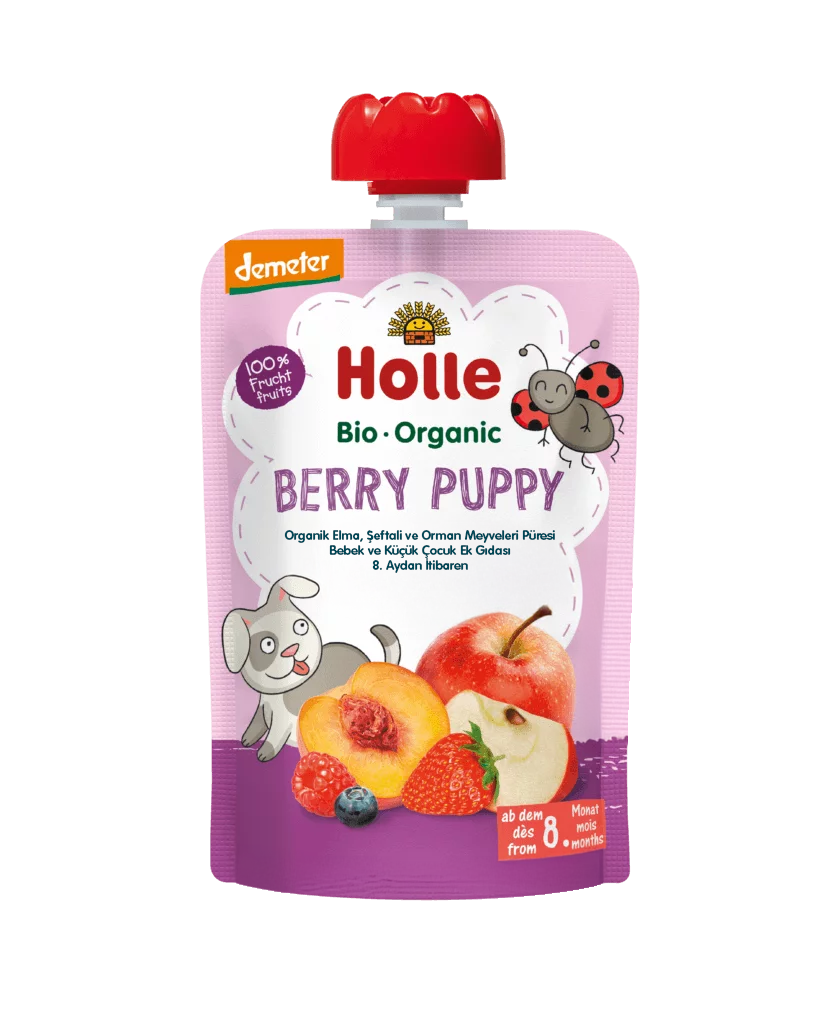 HOLLE ORGANİK BERRY PUPPY (ELMA, ŞEFTALİ, ORMAN MEYVELERİ PÜRESİ)