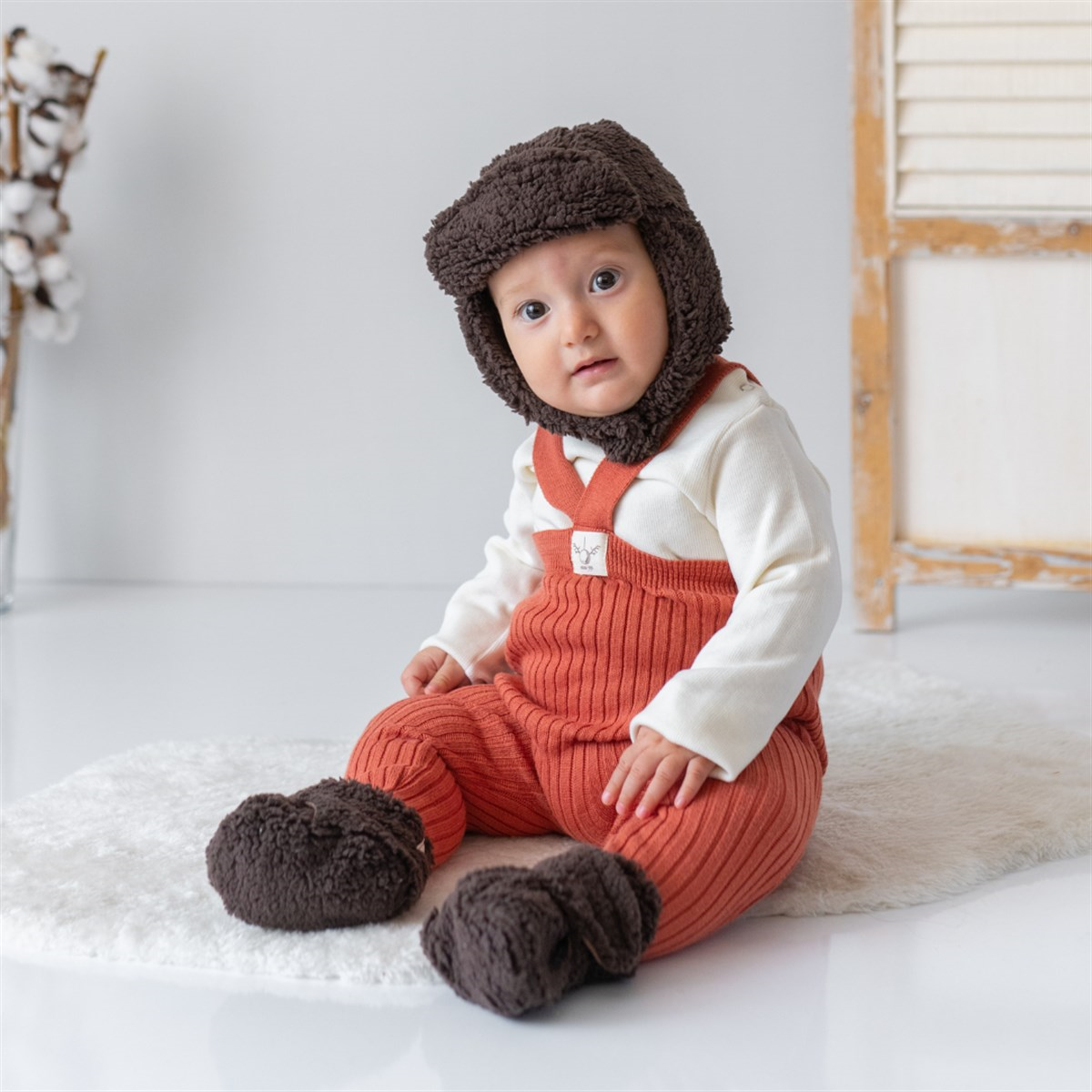 Mama-yoyo Bebek Teddy Patik ve Bere Seti Kahverengi