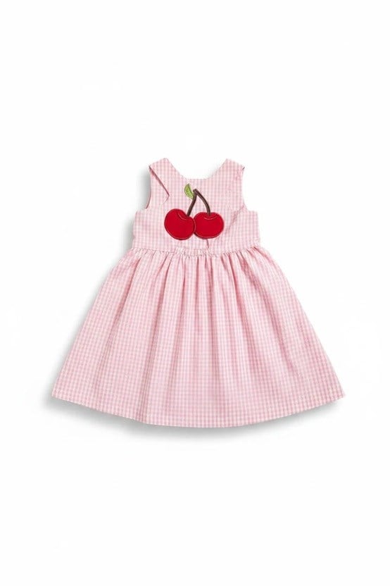 Miela Kids Kiraz Detaylı Pembe Ekose Elbise