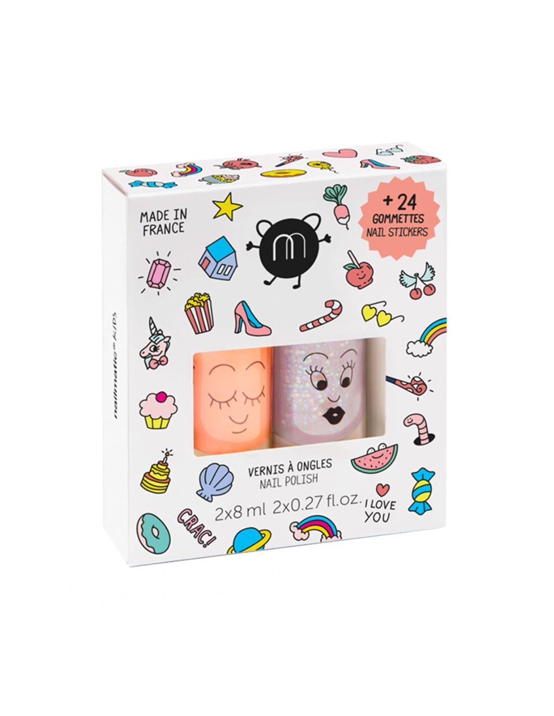 Nailmatic Kids Su Bazlı Çocuk Ojesi ve Sticker Seti Flamingo Polly / Mercan ve Simli Açık Pembe