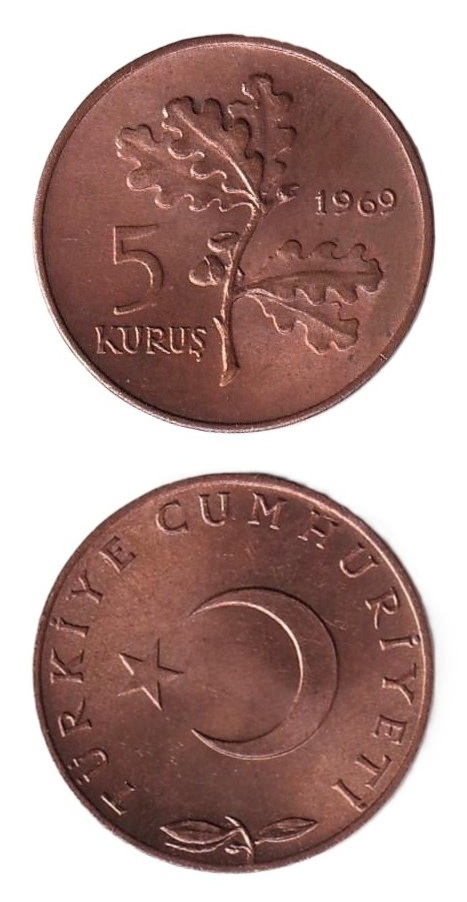 1958-1980 Dönemi Madeni Paraları5 Kuruş (1969) ÇİL Eski Madeni Para