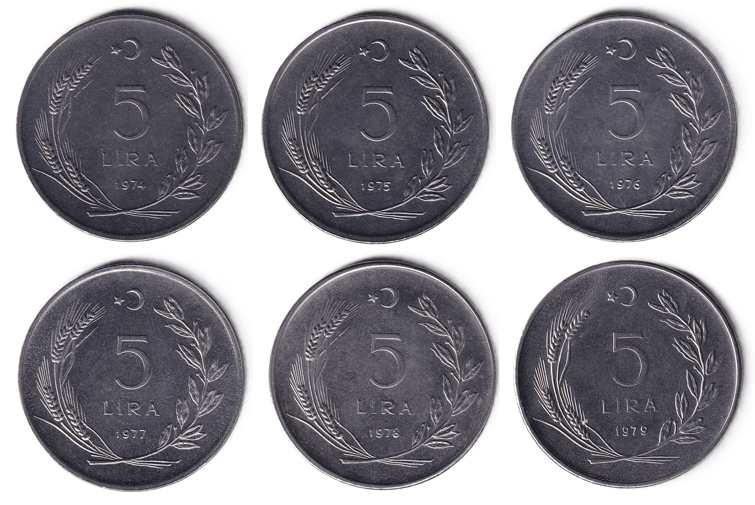 1958-1980 Dönemi Madeni Paraları5 Lira (1974-1979) Tam Takım ÇİL Eski Madeni Para Seti