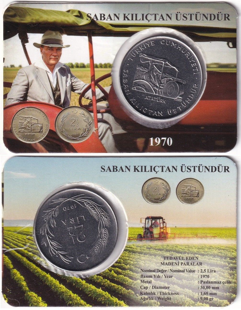1958-1980 Dönemi Madeni ParalarıF.A.O. 2.5 TL (1970) “Saban Kılıçtan Üstündür” ÇİL Eski Madeni Para