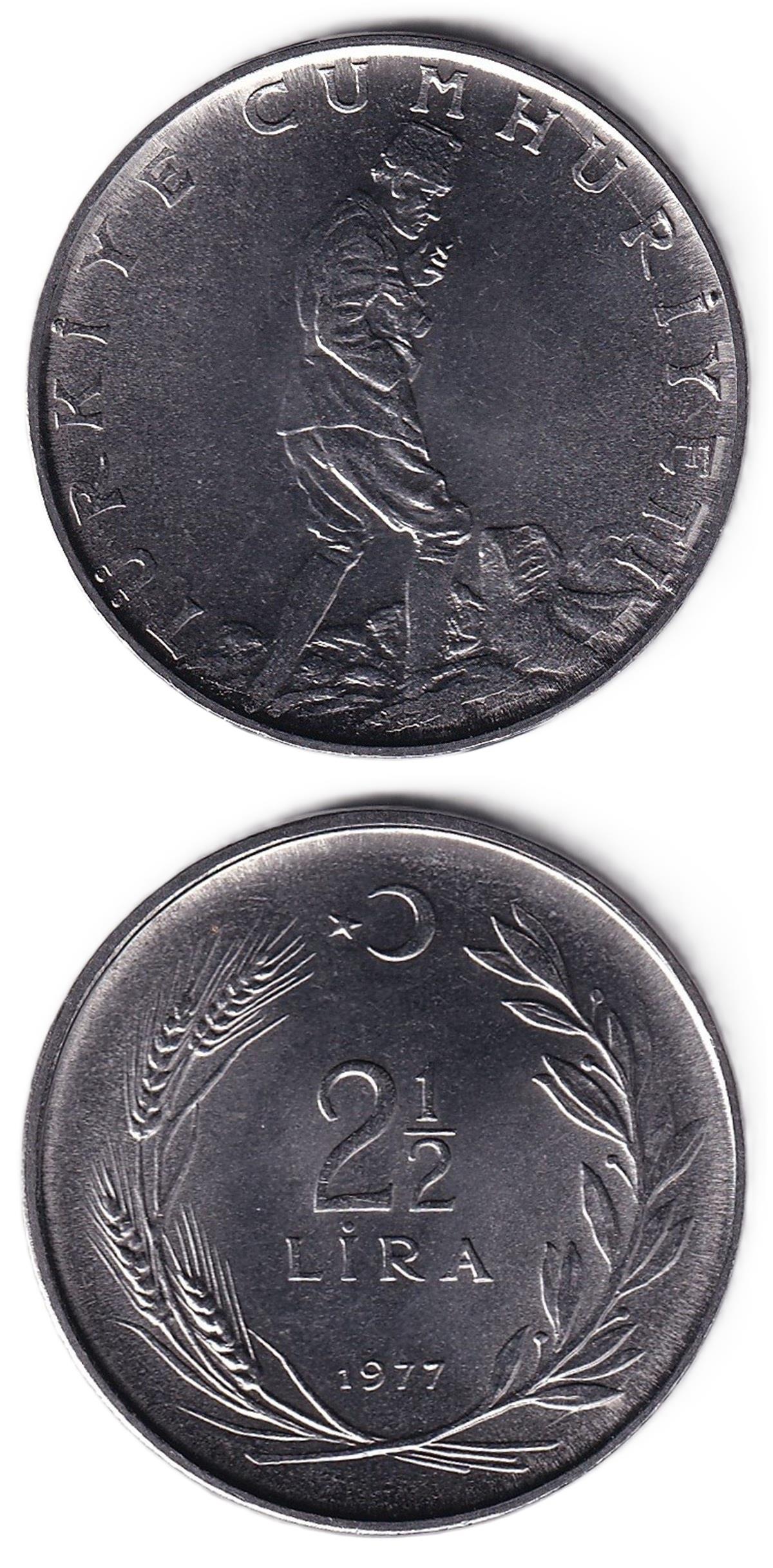 1958-1980 Dönemi Madeni ParalarıTürkiye, 2 1/2 Lira (1977) ÇİL Eski Madeni Para