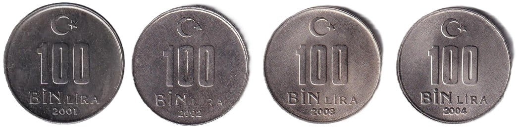 1981-2004 Dönemi Madeni Paraları100.000 Lira (2001-2004) Tam Takım ÇİL Eski Madeni Para Seti