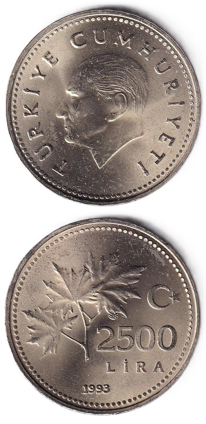 1981-2004 Dönemi Madeni ParalarıTürkiye, 2.500 Lira (1993) ÇİL Eski Madeni Para