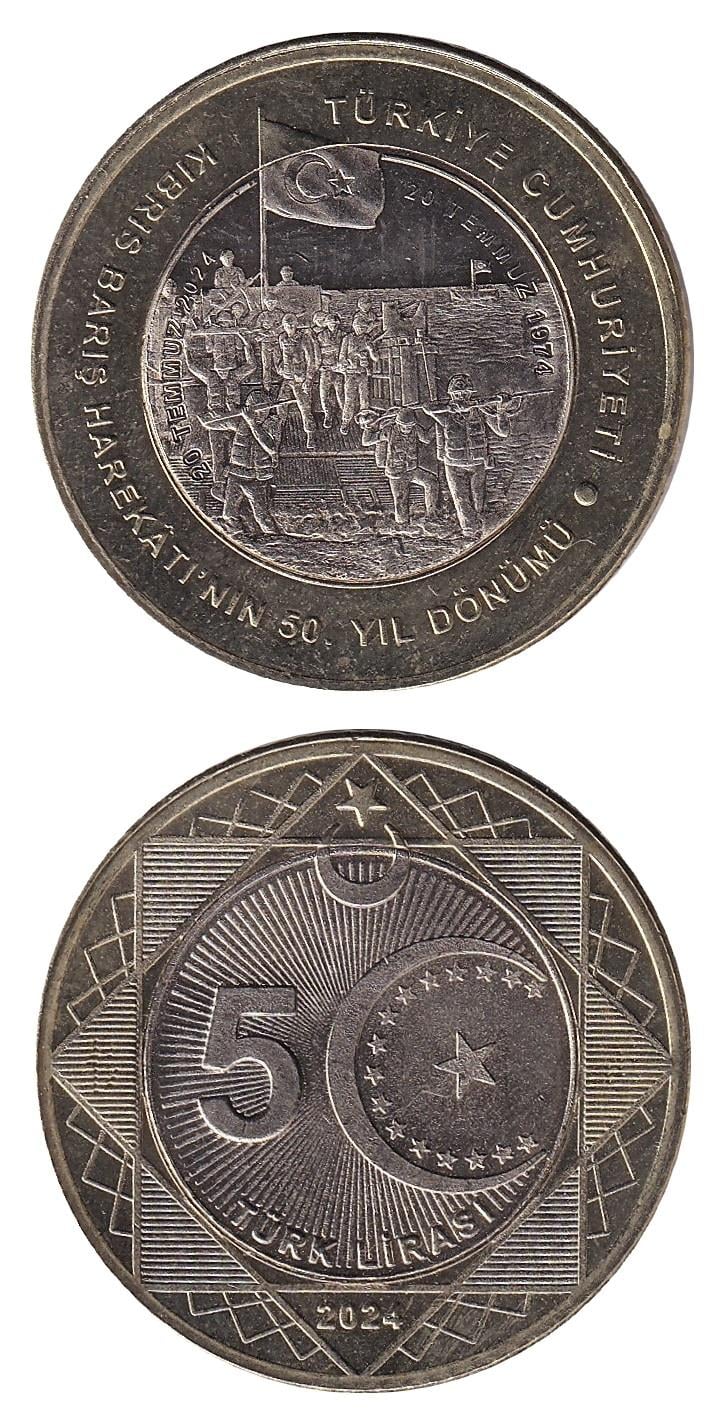 2005 ve Sonrası Dönem Madeni ParalarıKıbrıs Barış Harekatı'nın 50. Yıl Dönümü Tedavül Hatıra Parası, 5 Lira 2024 ÇİL