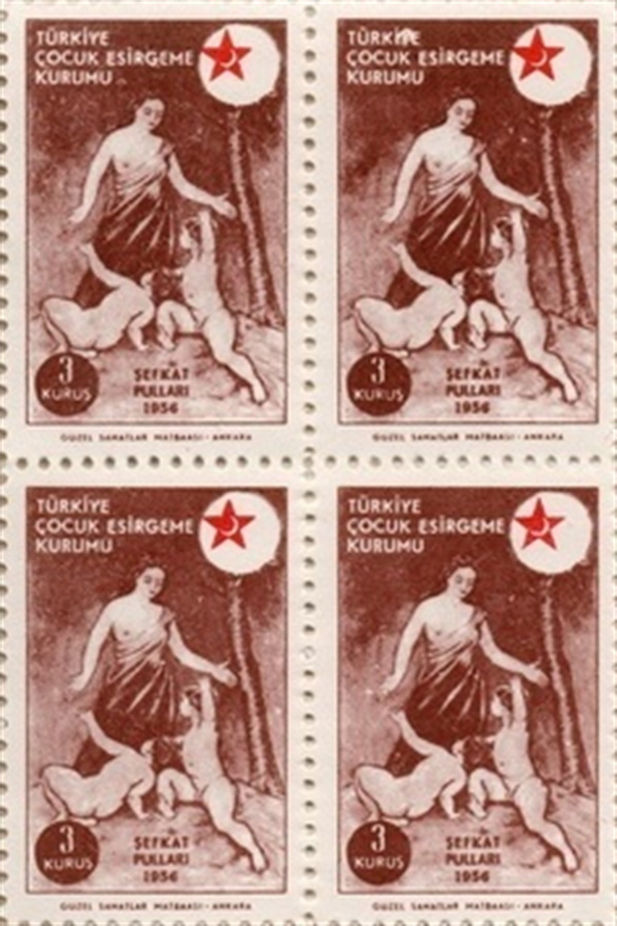 Damgasız Tüm Seri Pul Koleksiyonu1956 Türkiye Çocuk Esirgeme Kurumu Şefkat Pulları 3 Kuruş C106 Dörtlü Blok Pul