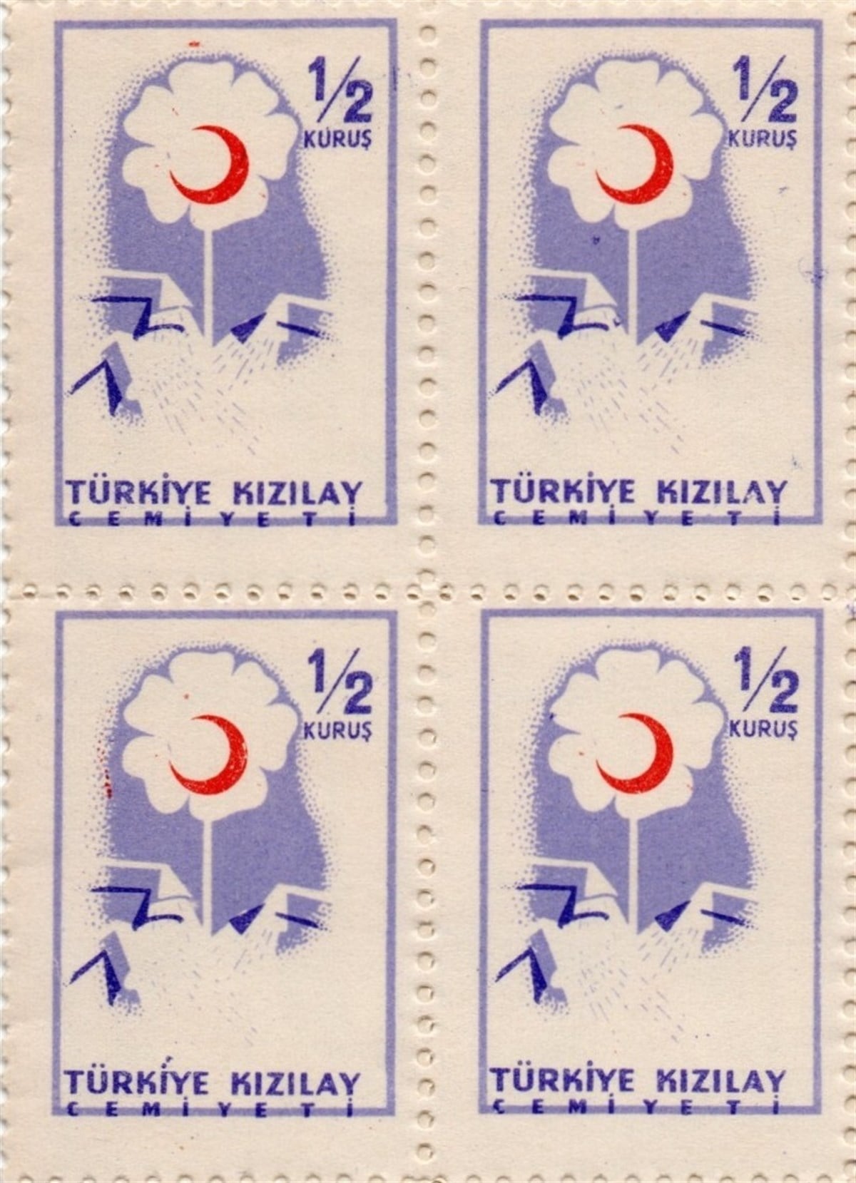 Damgasız Tüm Seri Pul Koleksiyonu1958 Türkiye Kızılay Cemiyeti Şefkat Pulları 1/2 Kuruş K143 Dörtlü Blok Pul