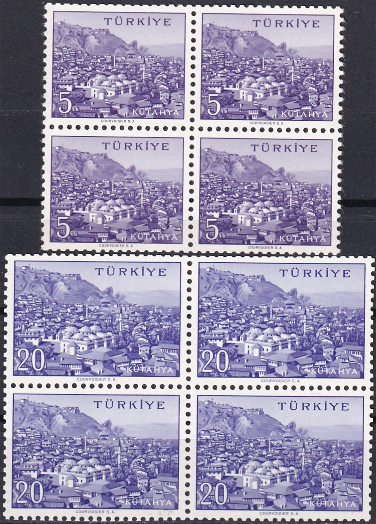 Damgasız Tüm Seri Pul Koleksiyonu1958/1960 Memleket Serisi Şehir Pulu: Kütahya Dörtlü Blok Pul