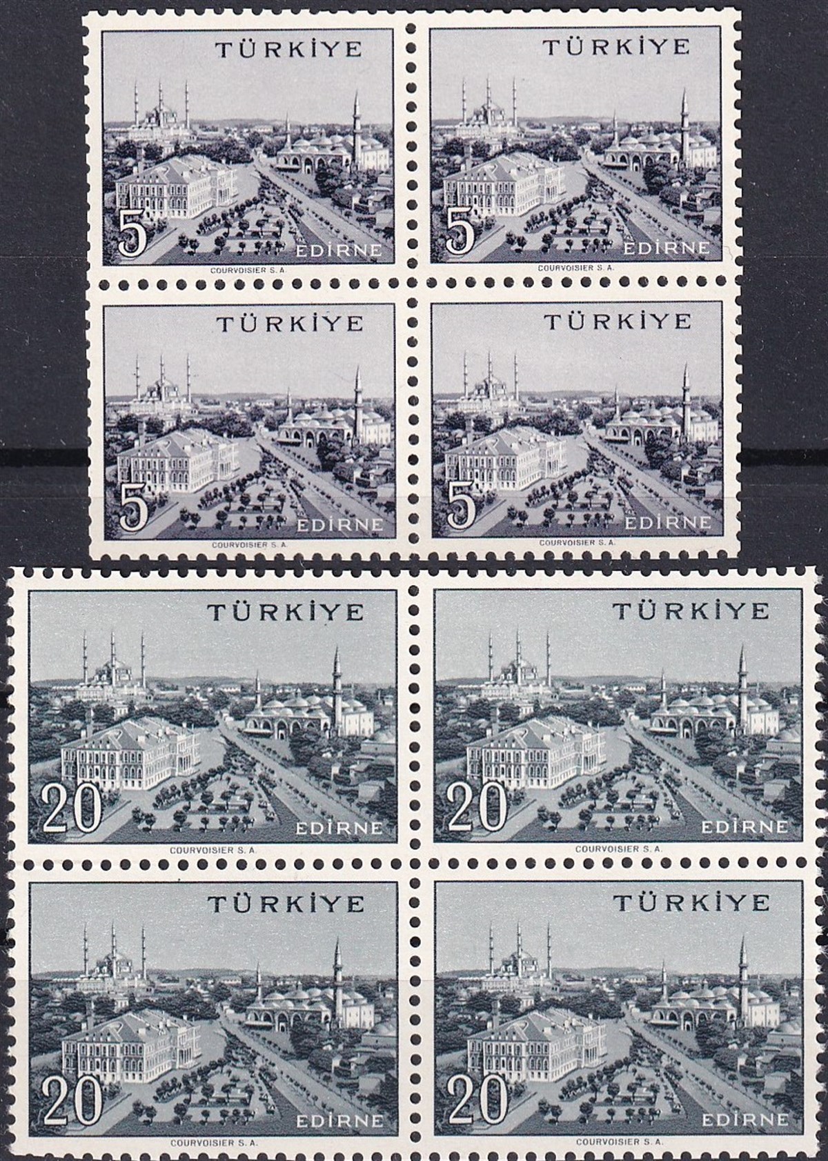 Damgasız Tüm Seri Pul Koleksiyonu1958/1960 Memleket Serisi Şehir Pulu: Edirne Dörtlü Blok Pul
