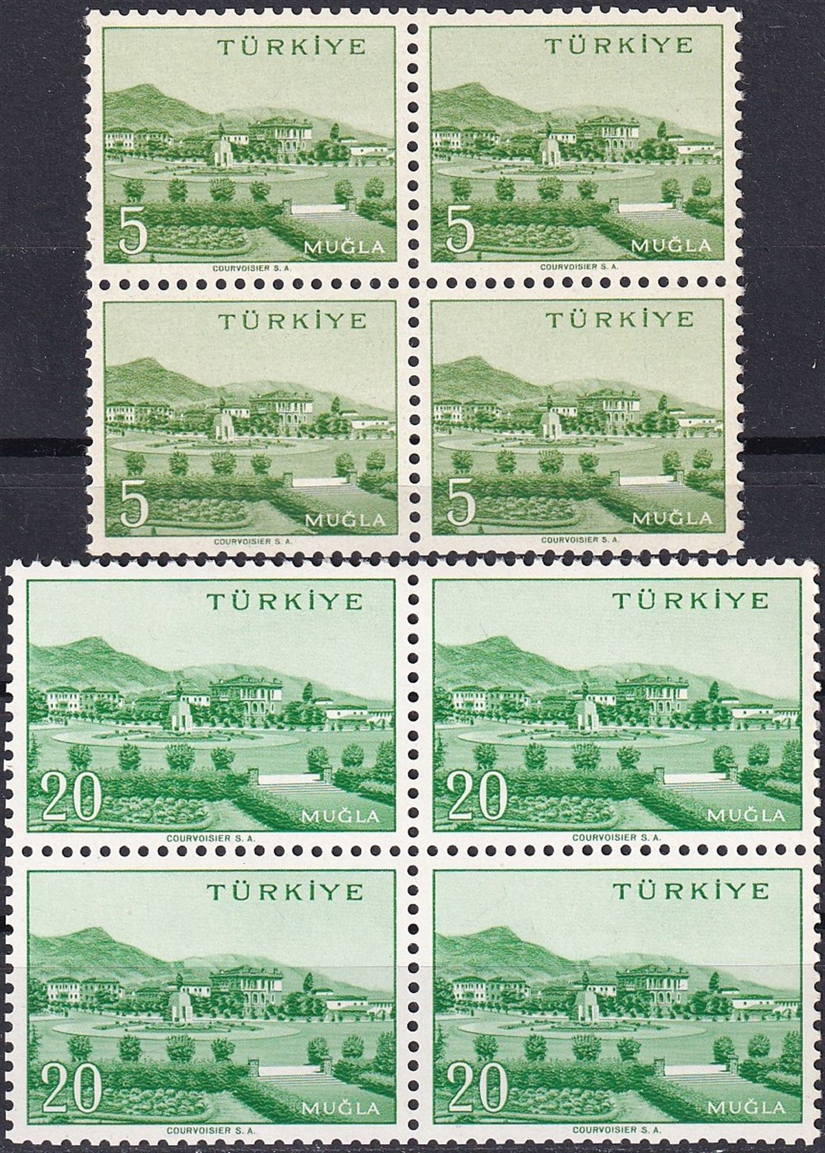 Damgasız Tüm Seri Pul Koleksiyonu1958/1960 Memleket Serisi Şehir Pulu: Muğla Dörtlü Blok Pul